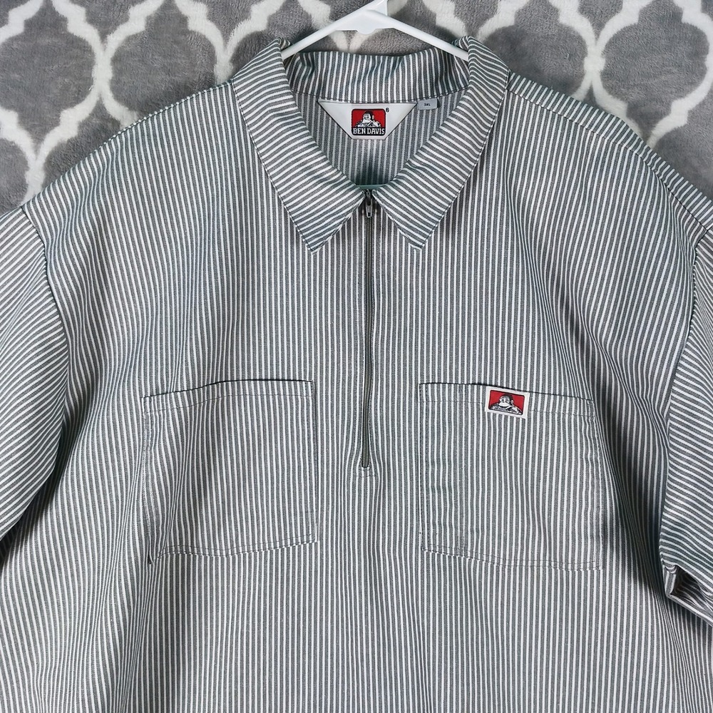 Ben Davis 1/2 Zip Work Shirt Mens 3XL Gray White Hickory Stripe Short Sleeve